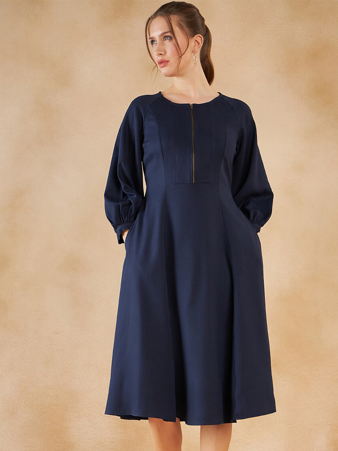 

FEMMELLA Round Neck Three-Quarter Cuffed Sleeves Knee Length Dress, Navy blue