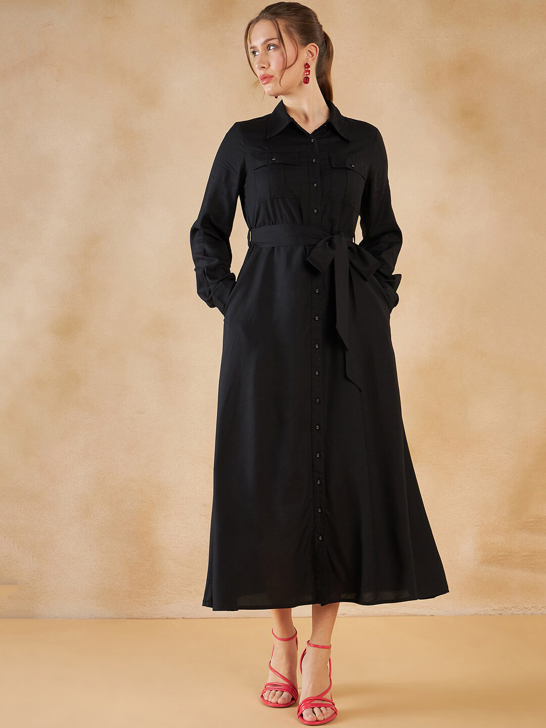 

Femella Shirt Collar Knee Length Shirt Maxi Dress, Black