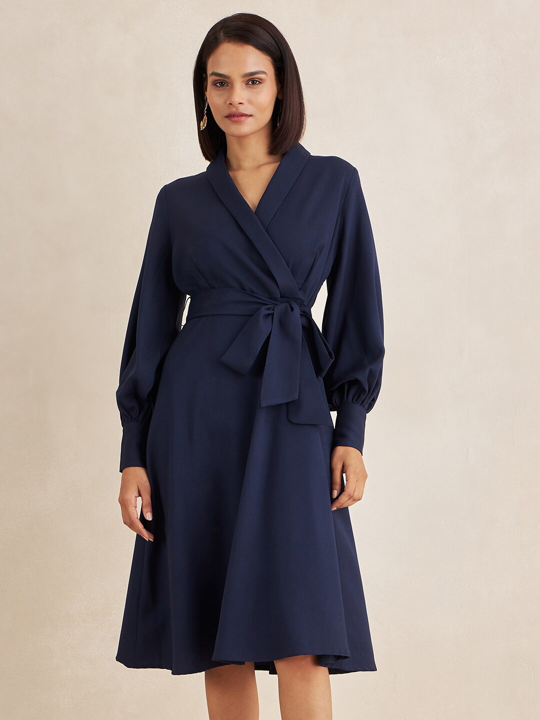 

Femella V-Neck Cuffed Sleeves Knee Length Wrap Midi Dress, Navy blue