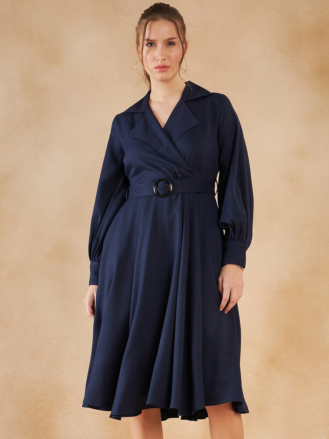 

Femella Round Neck Fit and Flare Belted Midi Dress, Navy blue