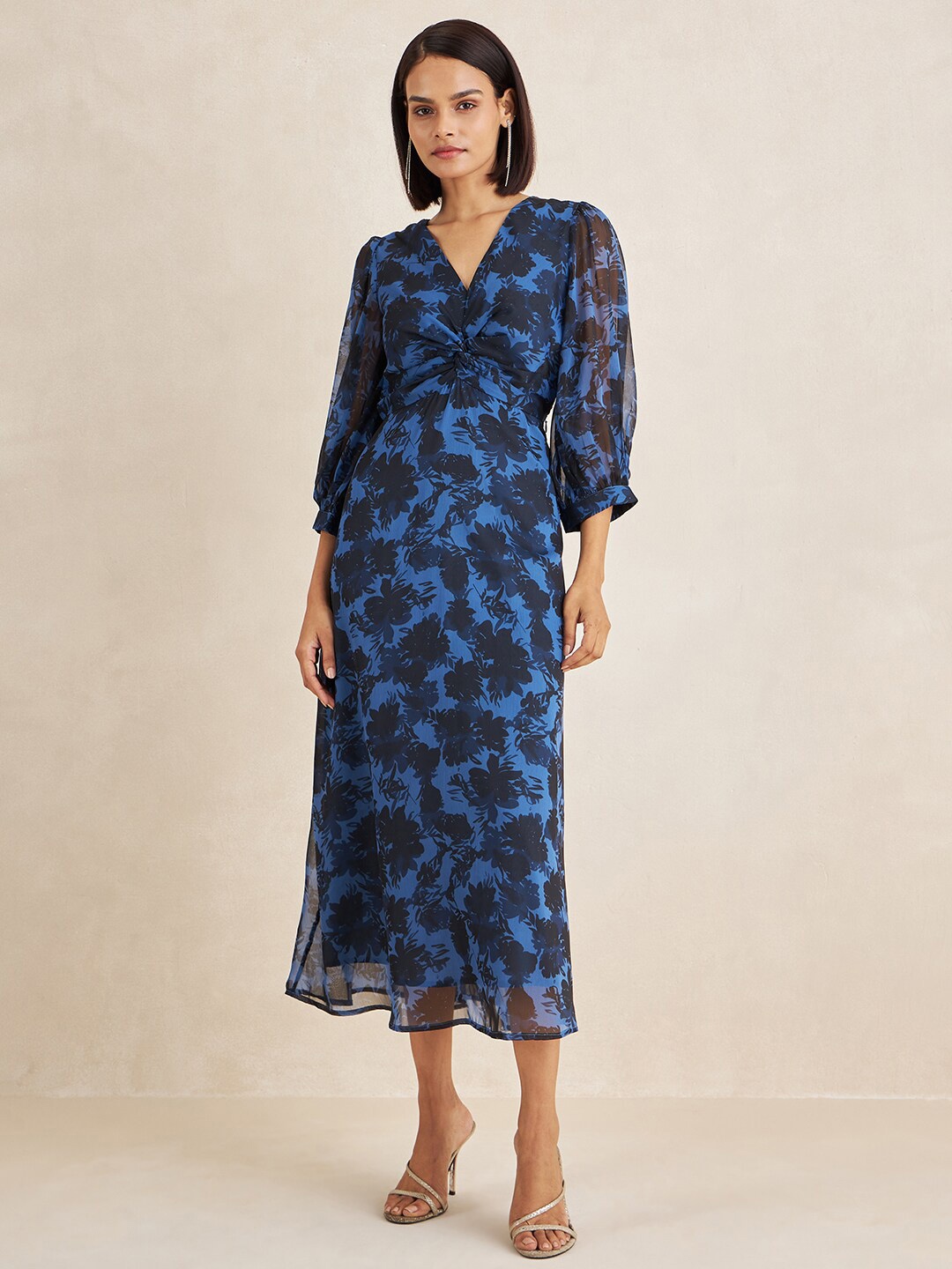 

Femella Floral Printed Puff Sleeve Maxi A-Line Dress, Blue