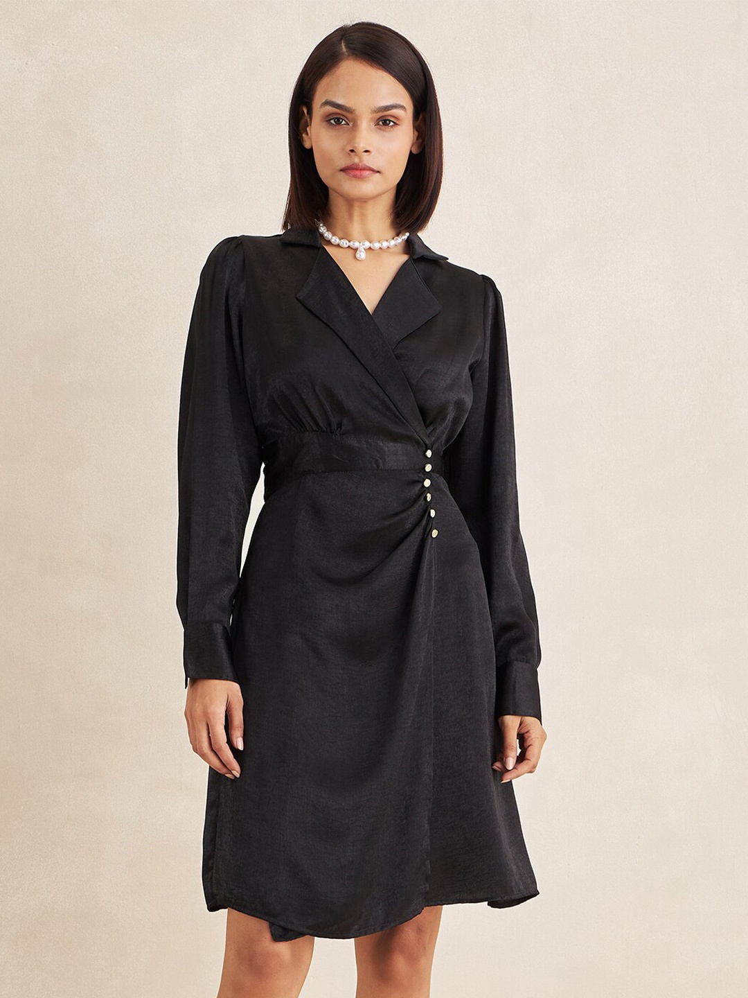 

FEMMELLA V-Neck Cuffed Sleeves Knee Length Wrap Dress, Black