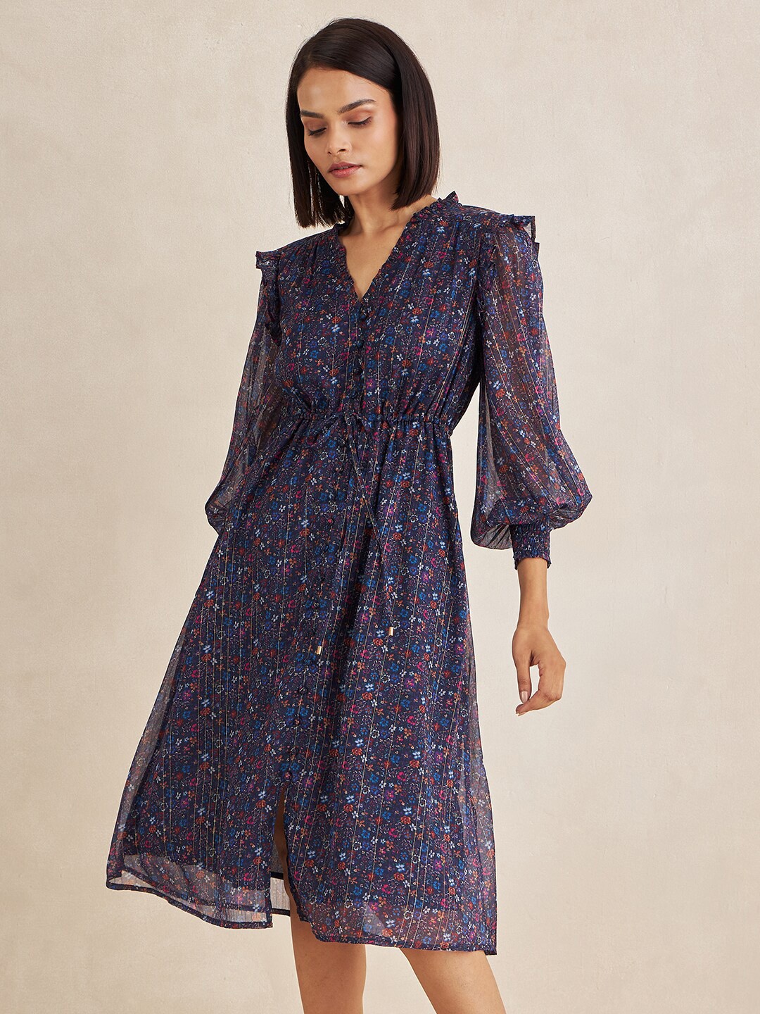 

FEMMELLA Floral Printed Fit and Flare Midi Dress, Blue