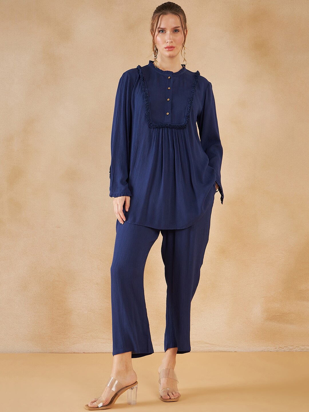 

Femella Mandarin Collar Tunic & Trousers, Navy blue