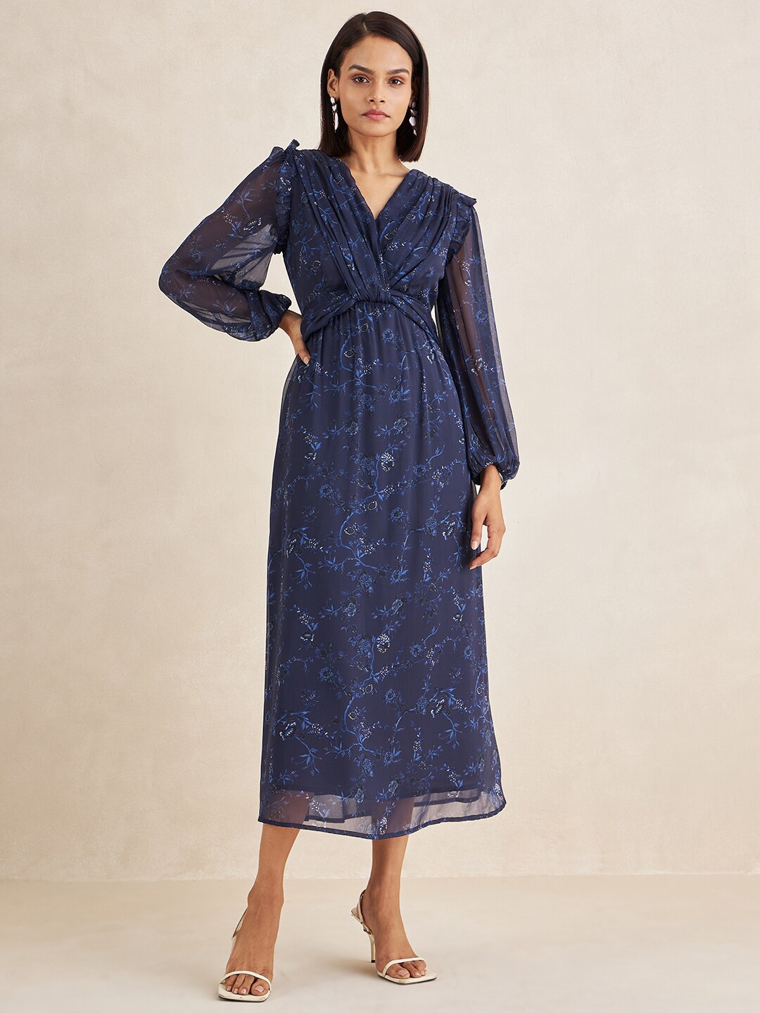 

FEMMELLA Floral Printed V-Neck Puff Sleeve Maxi Dress, Navy blue