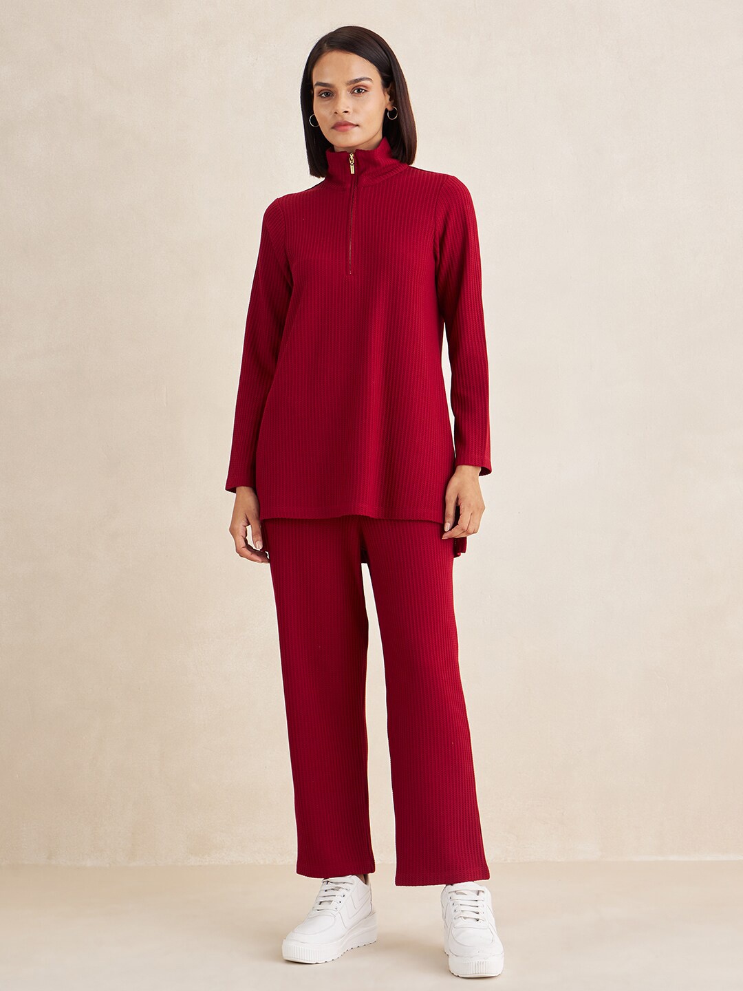 

Femella Self Design High Neck Top and Trousers, Red