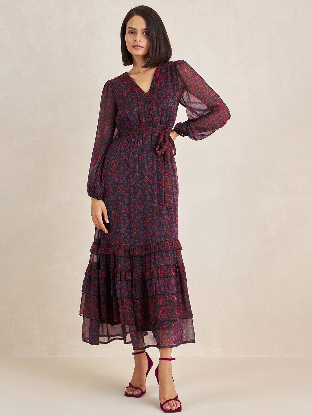 

Femella Floral Print Puff Sleeve Ruffle Maxi Dress, Black