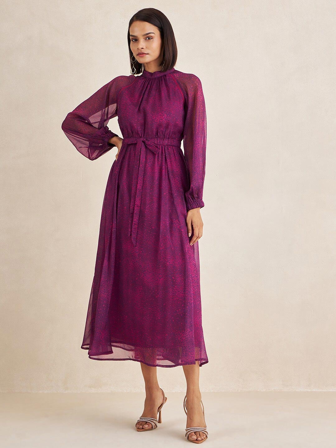 

FEMMELLA Animal Print Puff Sleeve Knee Length Dress, Pink