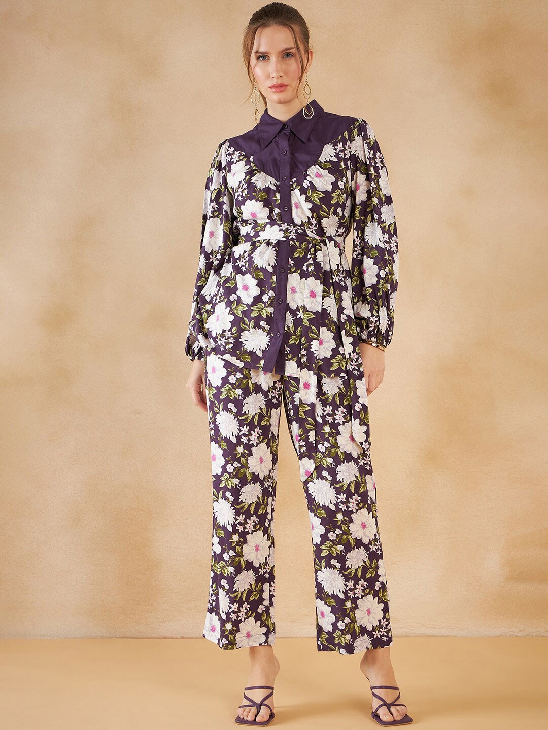 

Femella Floral Printed Shirt & Trousers, Purple