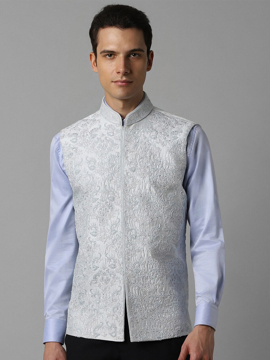 

Louis Philippe Embroidered Slim-Fit Nehru Jacket, Grey