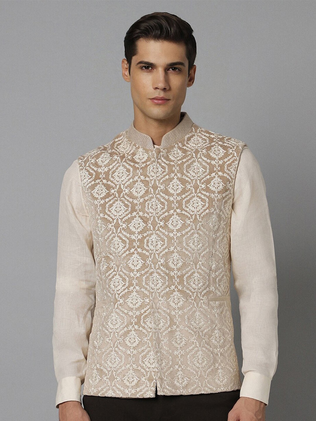 

Louis Philippe Embroidered Slim-Fit Nehru Jacket, Beige