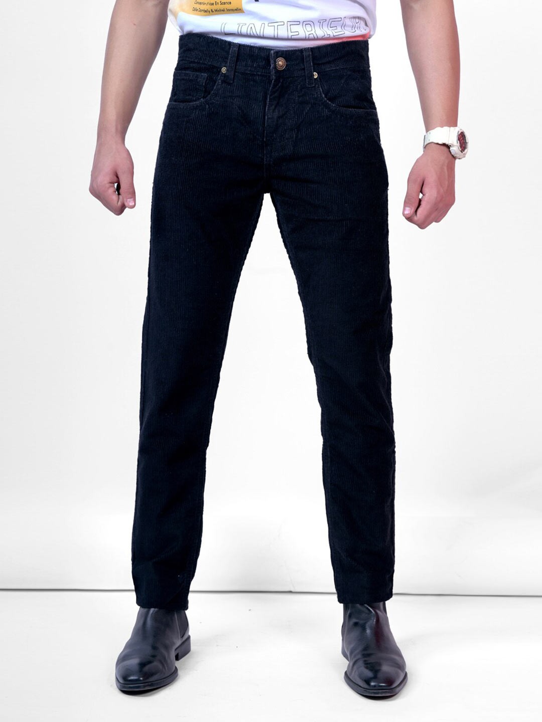 

Pontiac Men Mid Rise Stretchable Corduroy Velvet Jeans, Black