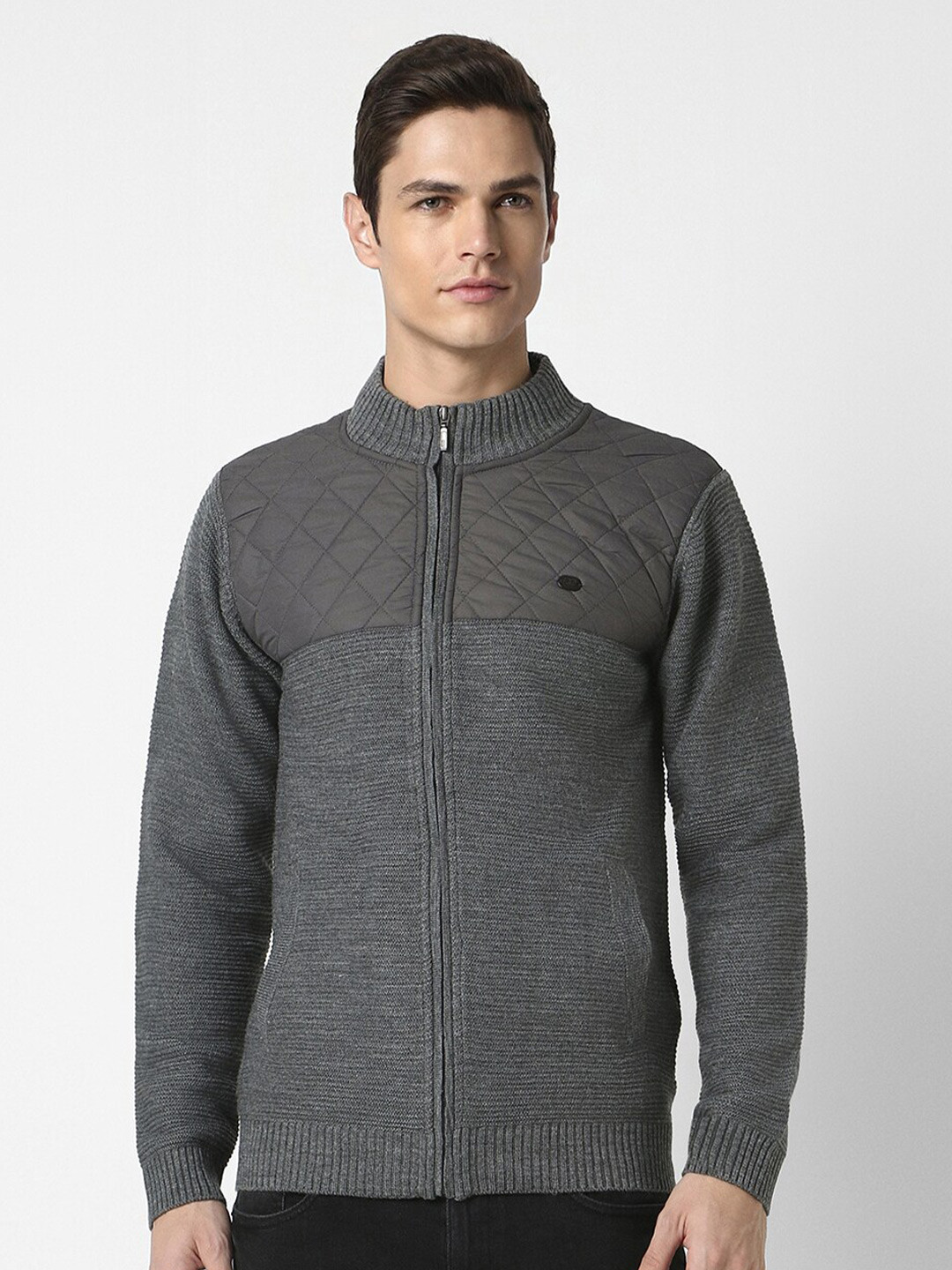 

Peter England Casuals Abstract Self Design Mock Collar Acrylic Cardigan Sweater, Grey