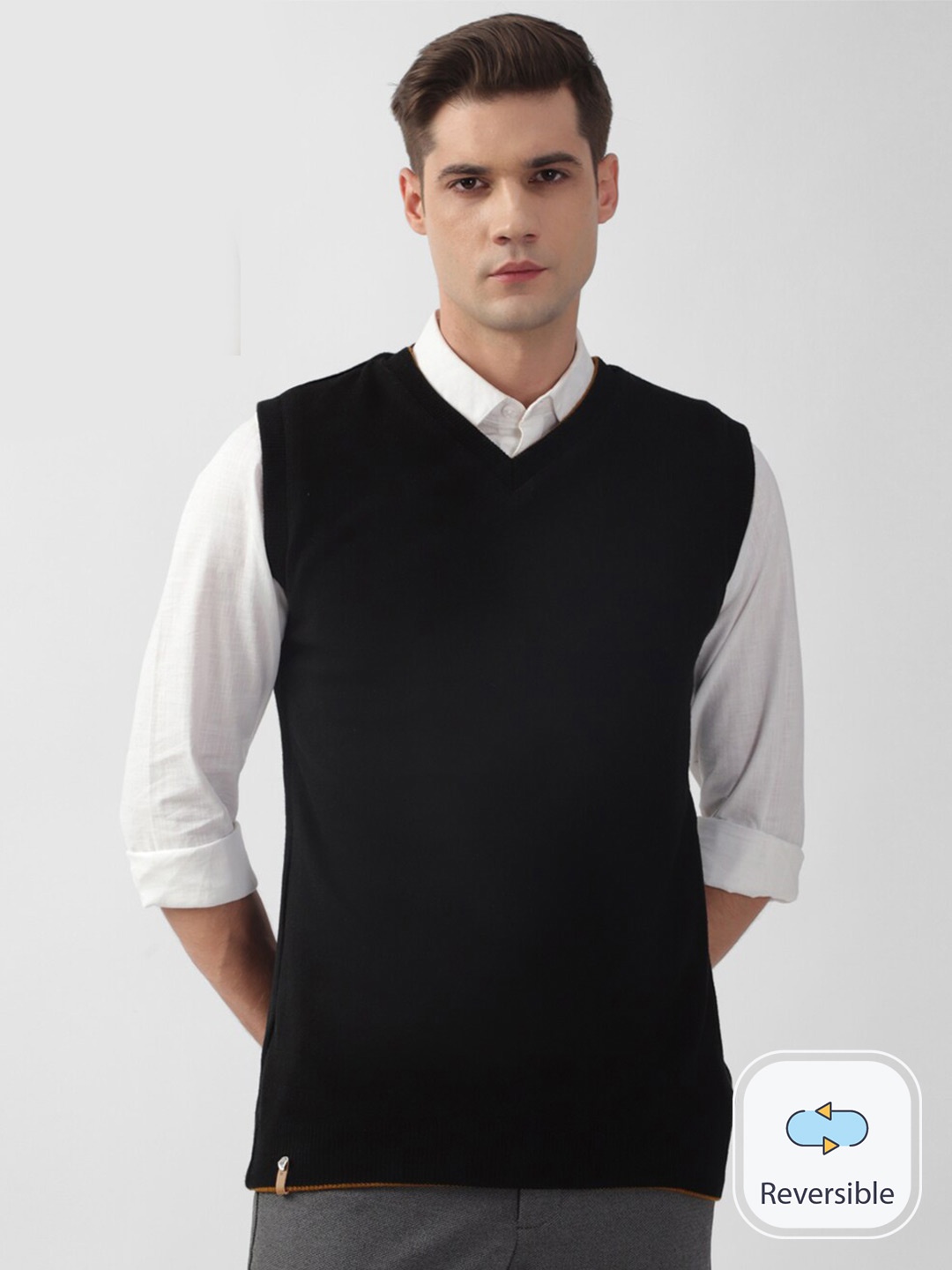 

Peter England Casuals V-Neck Acrylic Reversible Sweater Vest, Black