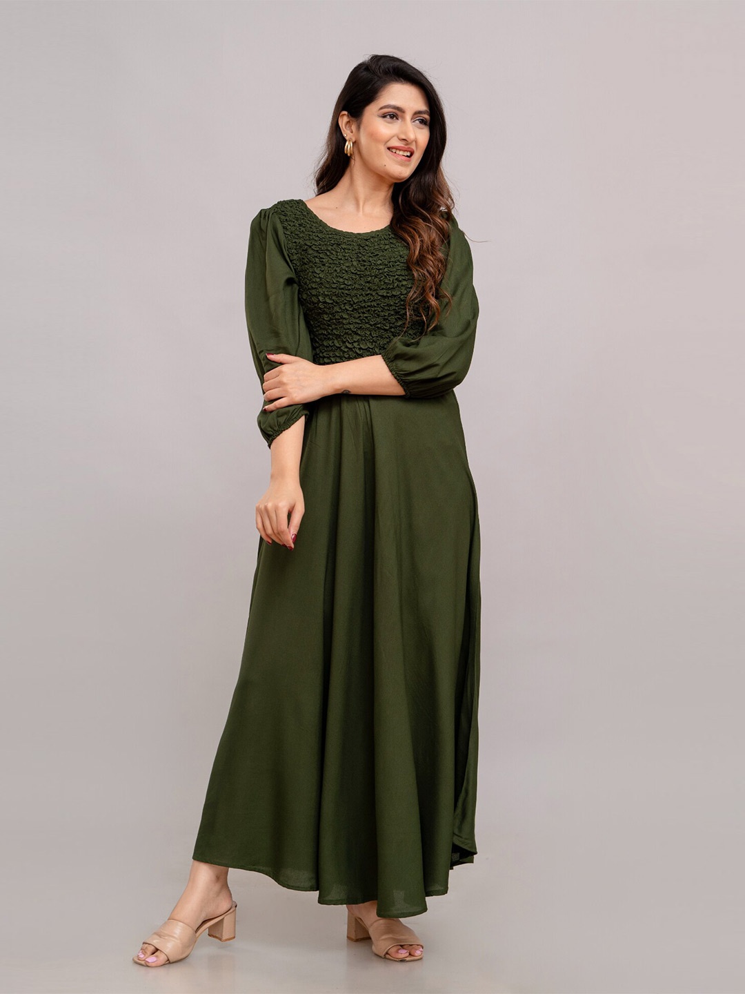 

FrionKandy Puff Sleeve Smocked Fit and Flare Maxi Dress, Green