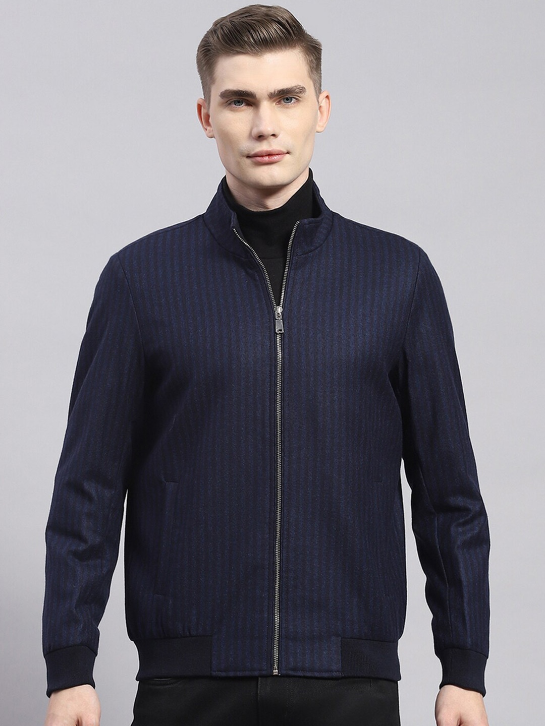 

Monte Carlo Striped Lightweight Mock Collar Bomber Jacket, Navy blue