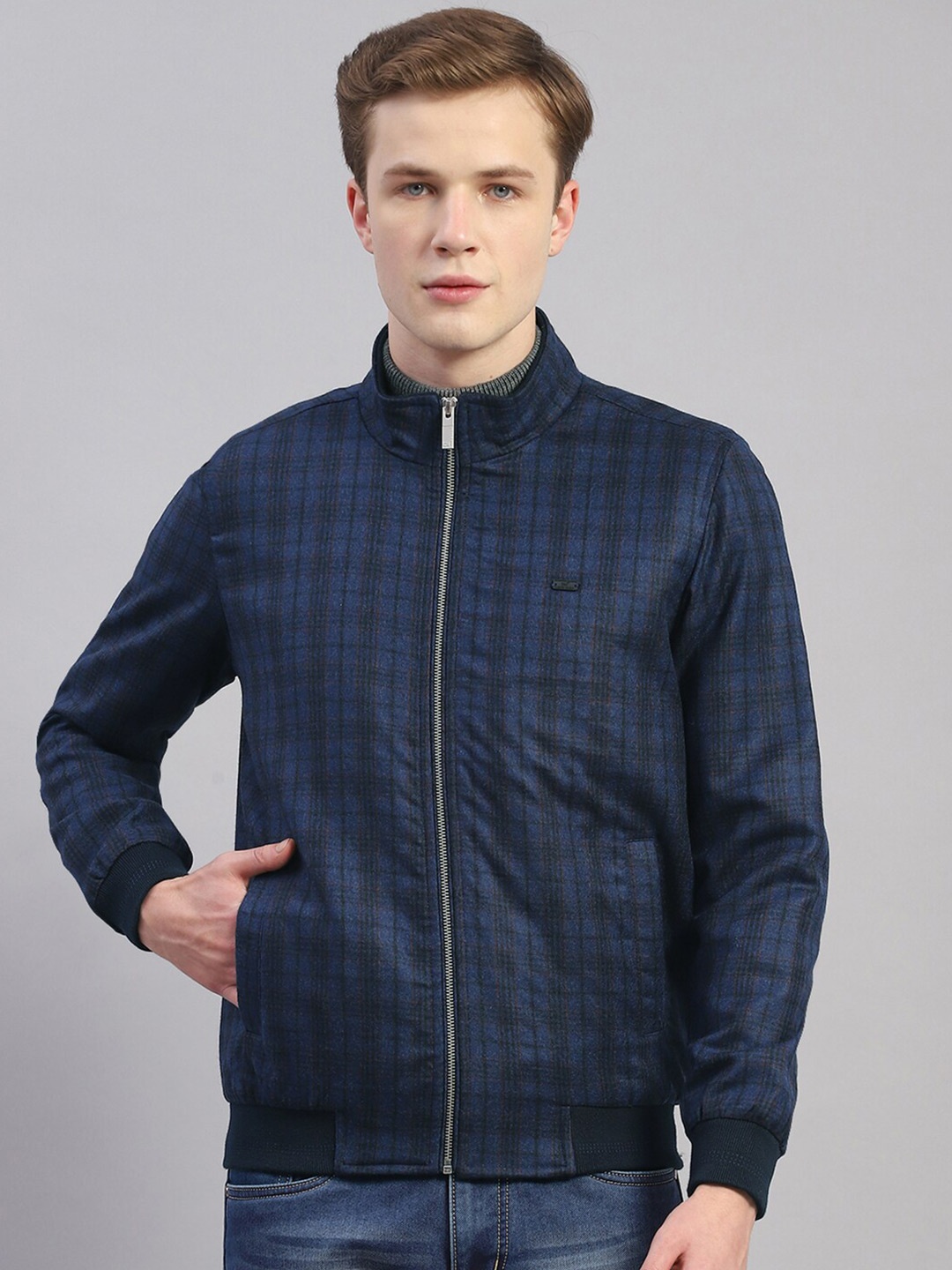 

Monte Carlo Lightweight Checked Woollen Mock Collar Bomber Jacket, Blue