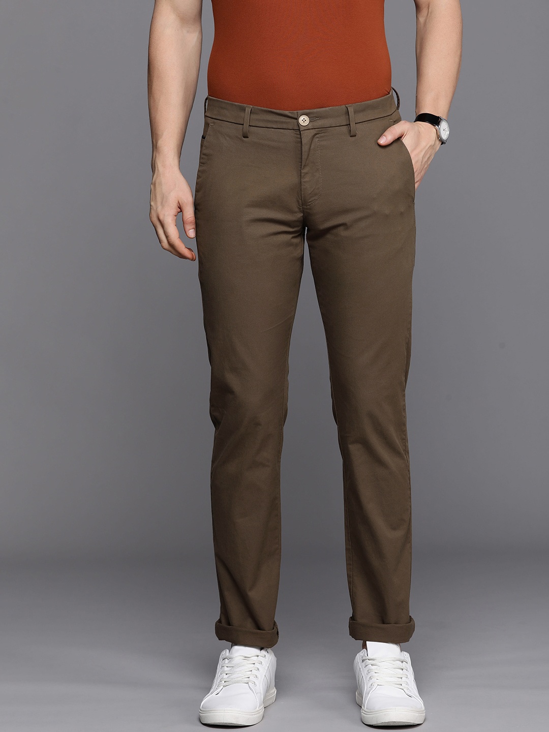 

Allen Solly Men Solid Slim Fit Mid-Rise Chinos Trousers, Brown