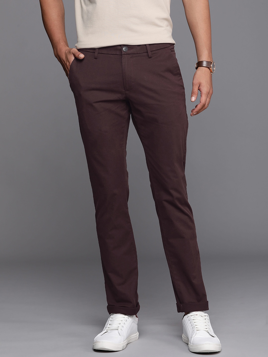 

Allen Solly Men Mid Rise Slim Fit Semiformal Trousers, Brown