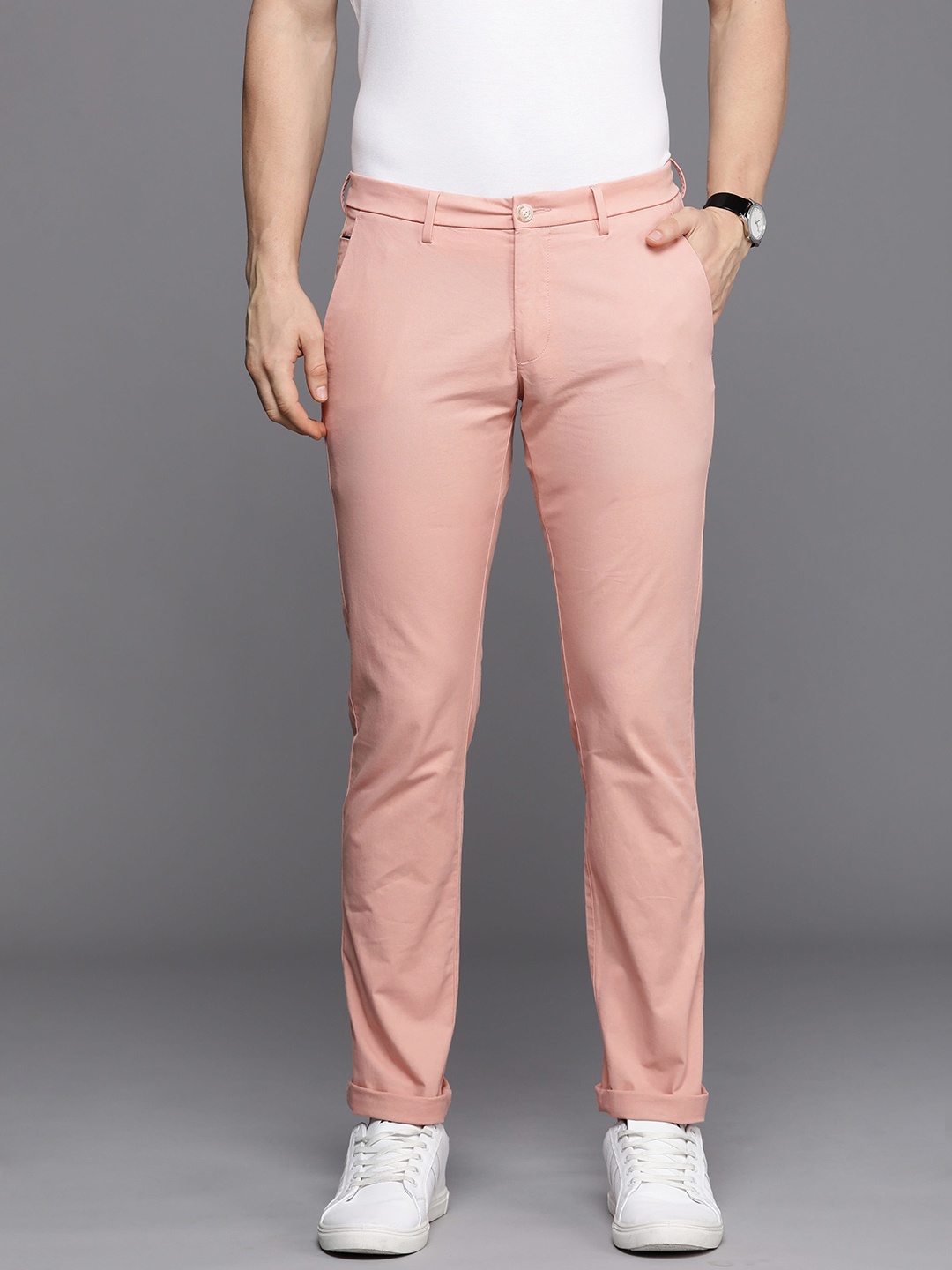 

Allen Solly Men Solid Slim Fit Mid-Rise Chinos Trousers, Pink