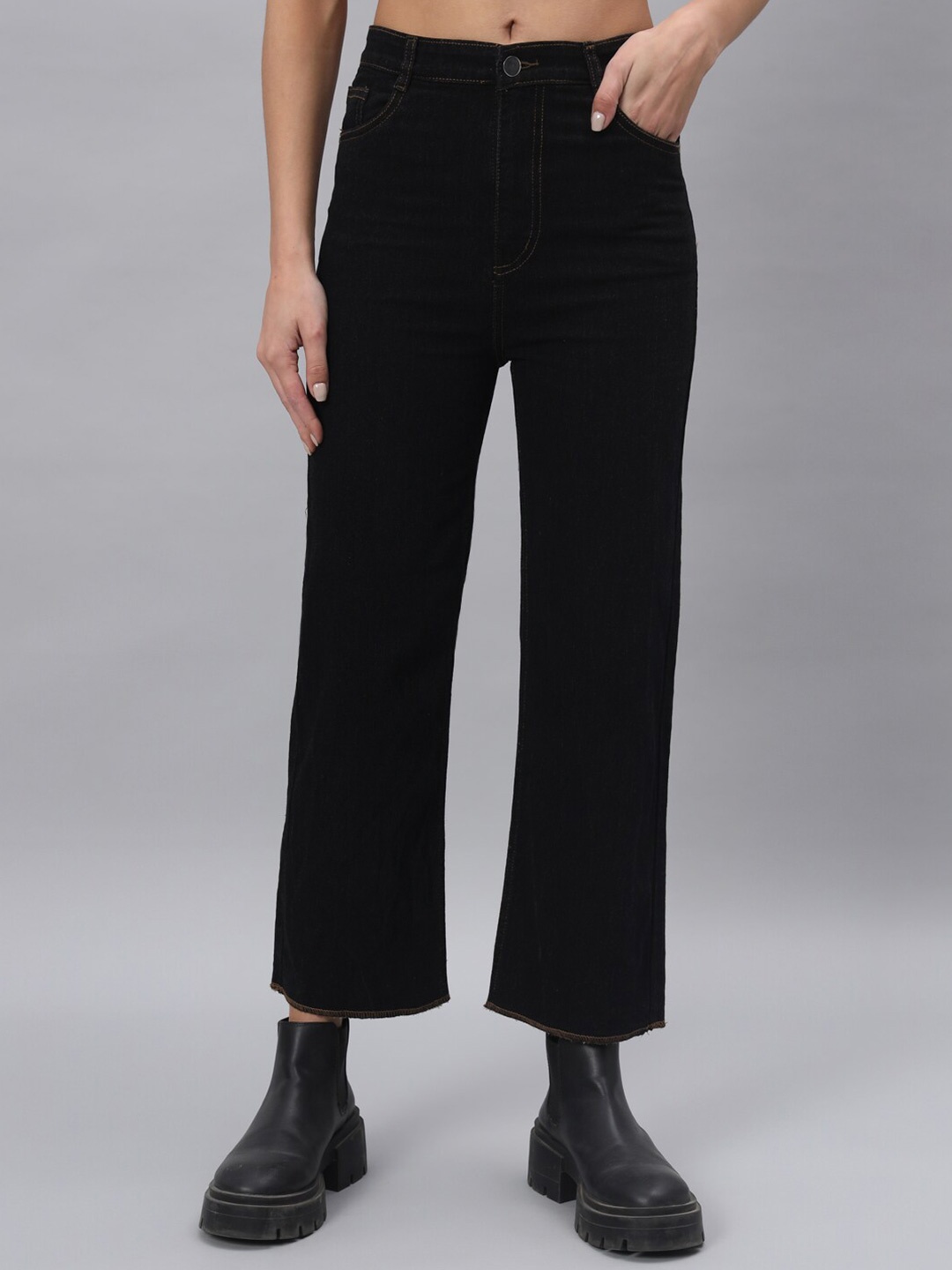 

BAESD Women Flared High-Rise Clean Look Cotton Jeans, Black