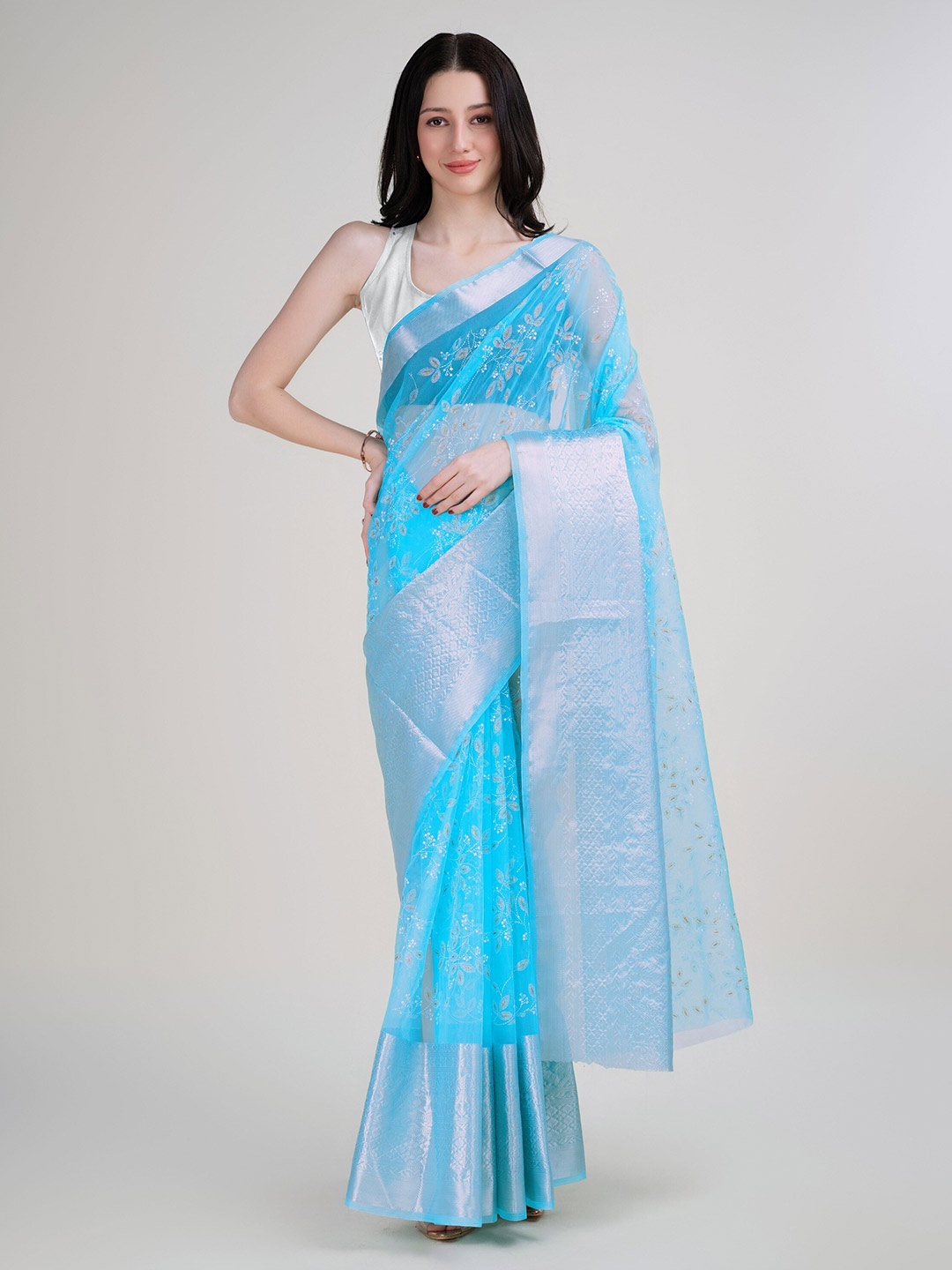 

Anouk Embellished Ethnic Motifs Organza Kanjeevaram Saree, Blue