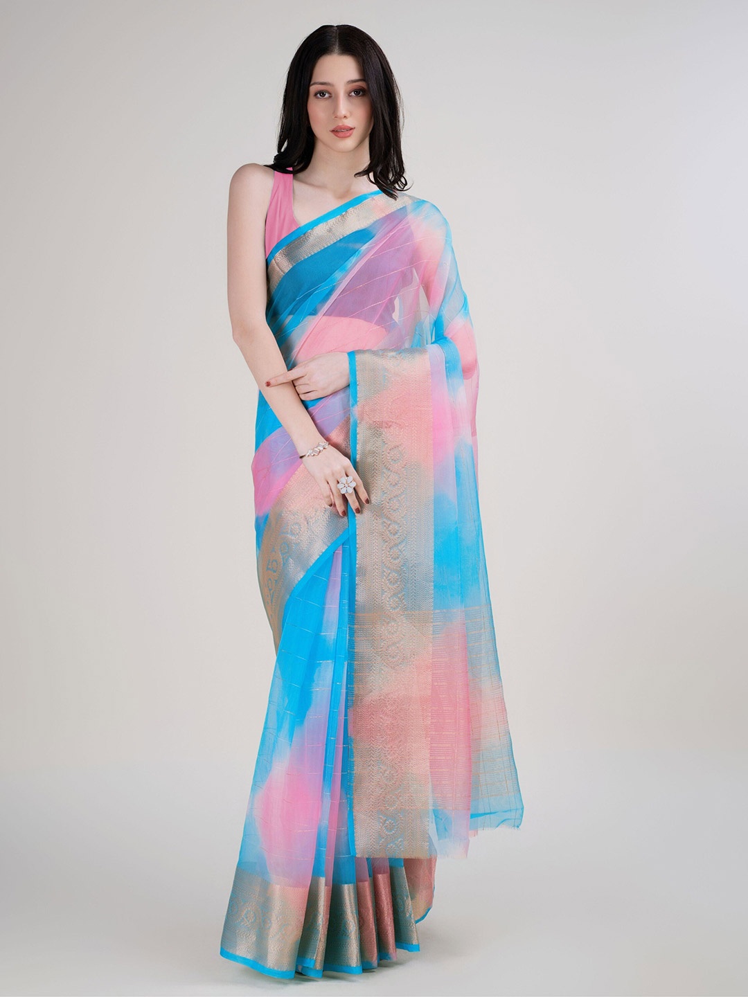

Anouk Striped Woven Design Sequinned Organza Kanjeevaram Saree, Blue