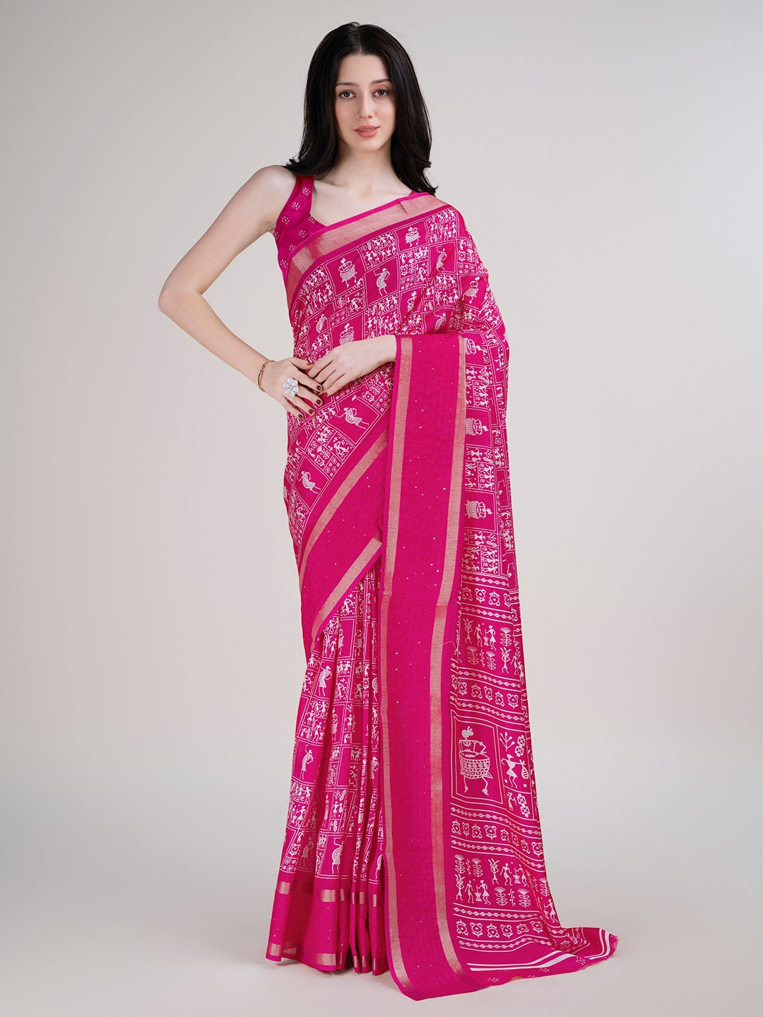 

Anouk Warli Printed Sequinned Pure Cotton Saree, Magenta