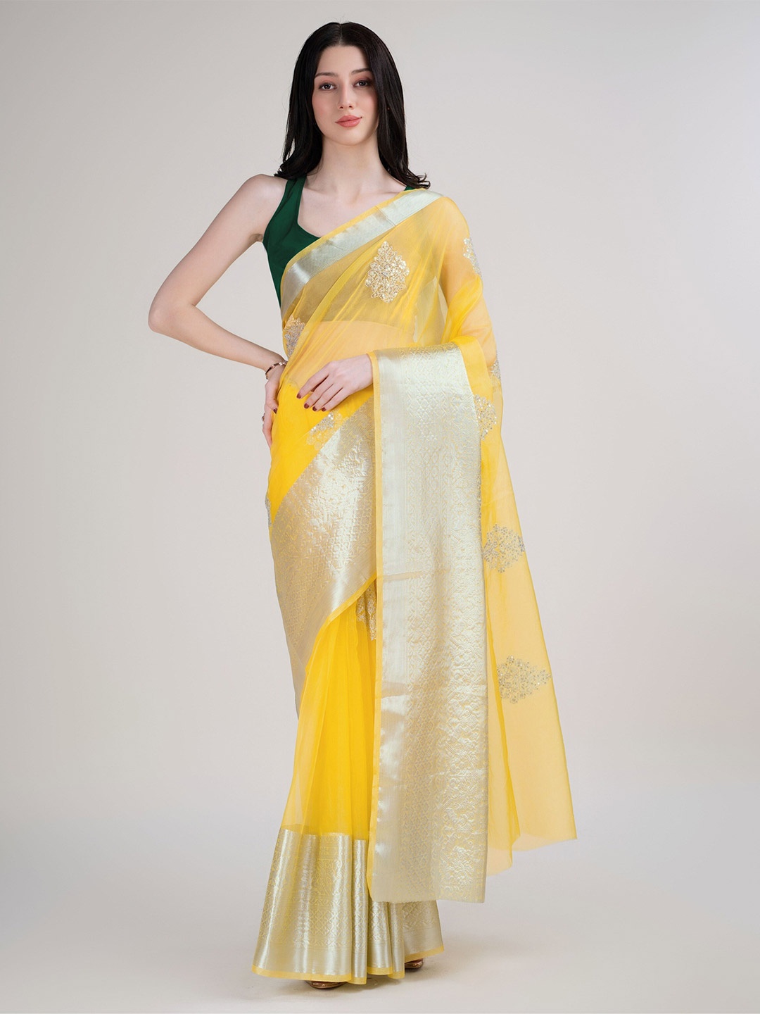 

Anouk Embellished Sequinned Organza Kanjeevaram Saree, Yellow