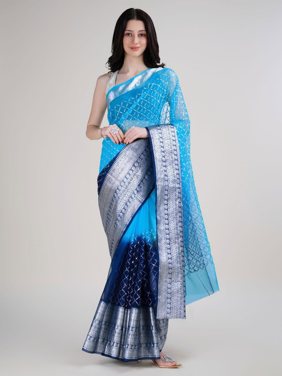 

Anouk Embellished Ethnic Motifs Sequinned Organza Kanjeevaram Saree, Blue