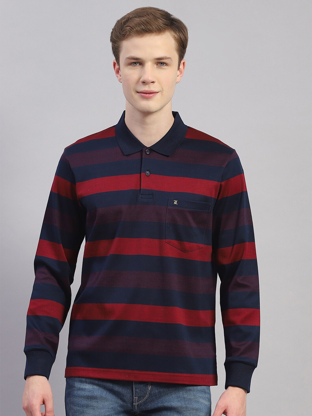 

Monte Carlo Striped Polo Collar T-shirt, Maroon