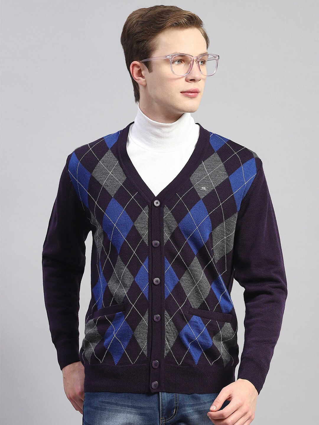 

Monte Carlo Argyle Printed V-Neck Cardigan Sweater, Navy blue