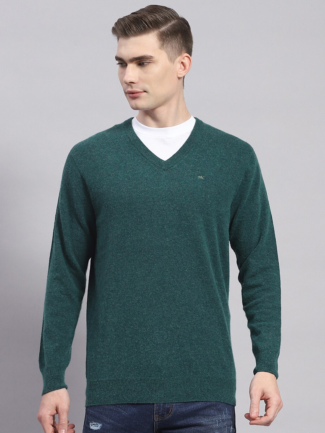 

Monte Carlo V-Neck Woolen Pullover Sweater, Teal