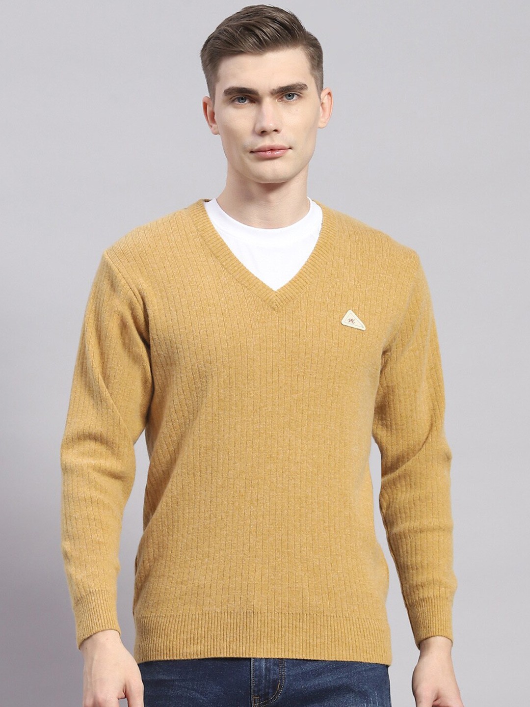 

Monte Carlo V-Neck Long Sleeves Woolen Pullover Sweater, Camel brown