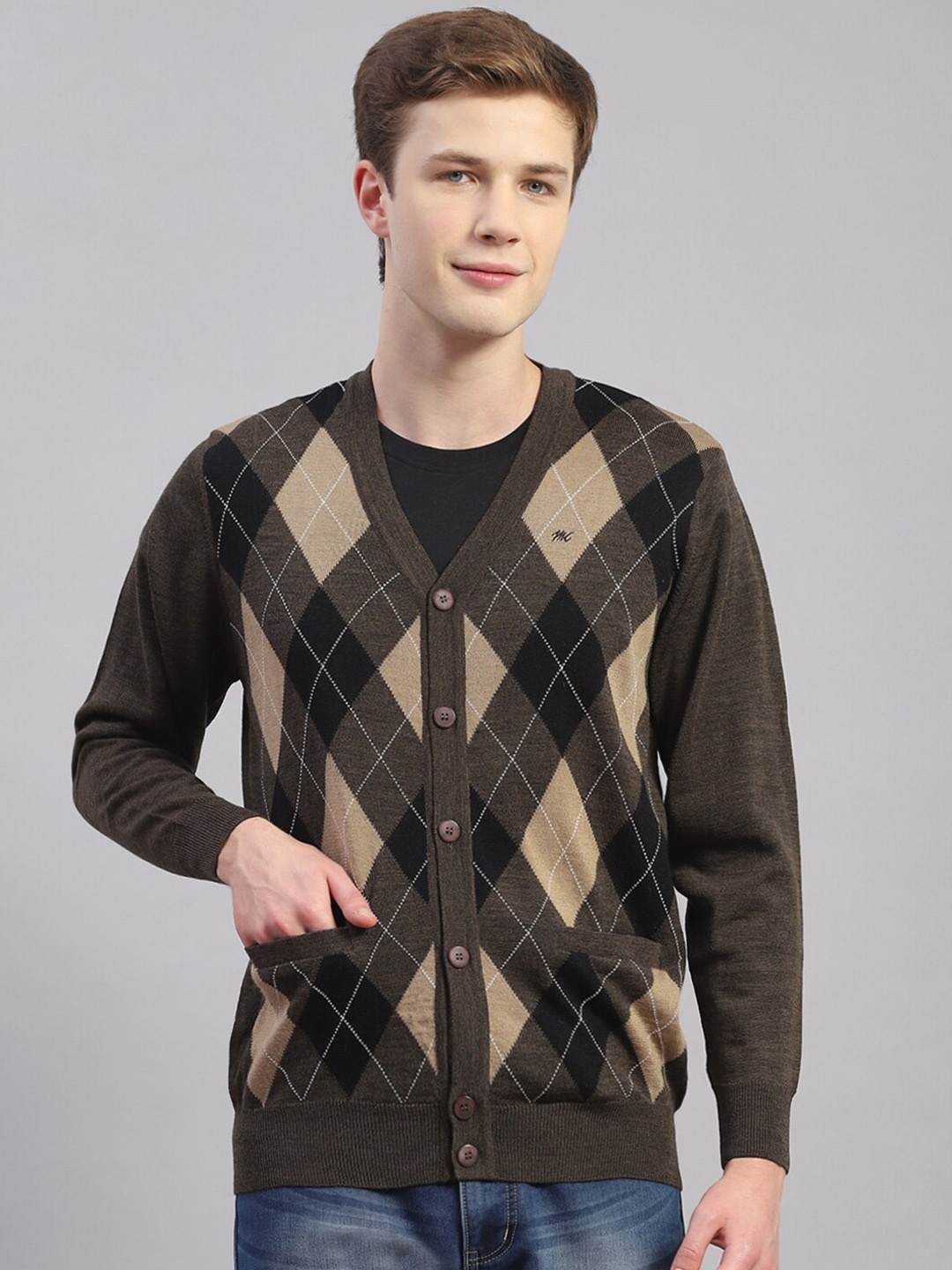 

Monte Carlo Argyle Printed V-Neck Ribbed Cardigan, Brown