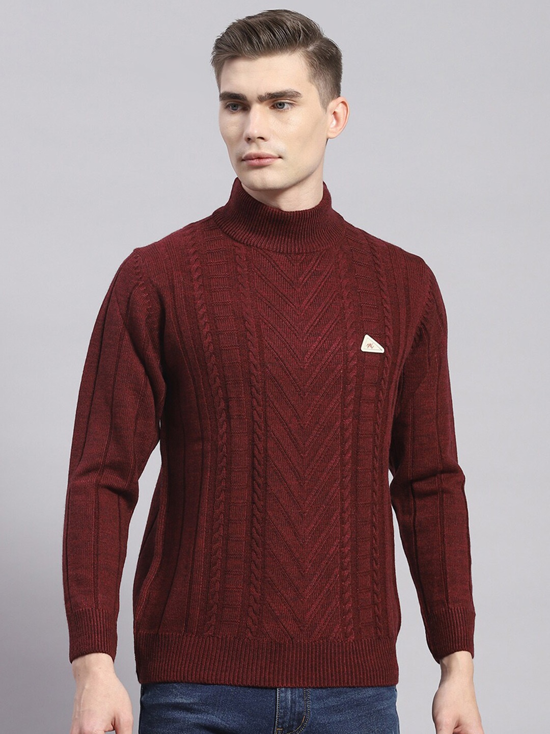 

Monte Carlo Cable Knit Self Design Turtle Neck Ribbed Pullover, Maroon