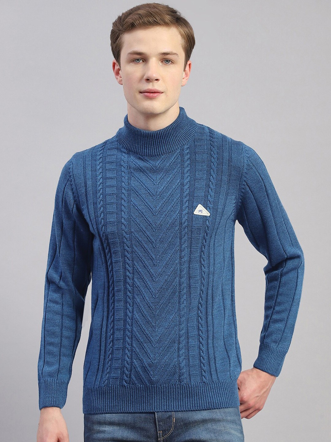 

Monte Carlo Cable Knit Self Design Turtle Neck Ribbed Pullover, Blue