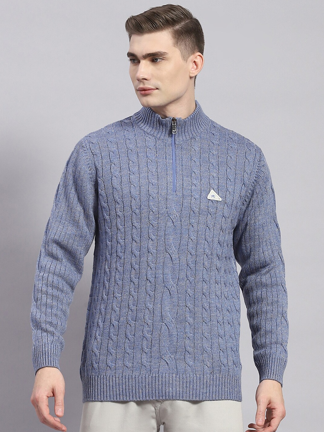 

Monte Carlo Self Design Mock Collar Half Zipper Long Sleeves Woollen Pullover, Blue