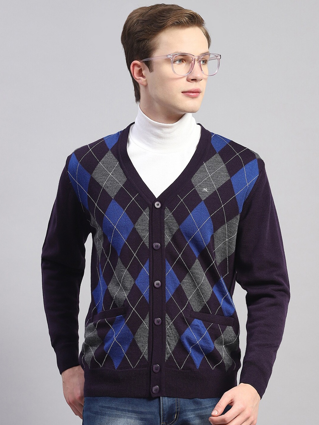 

Monte Carlo Argyle Printed Long Sleeves Woollen Cardigan, Navy blue