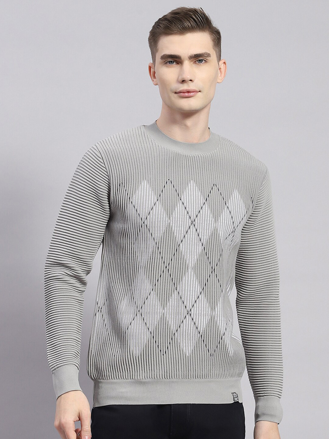 

Monte Carlo Geometric Printed Woollen Pullover, Grey