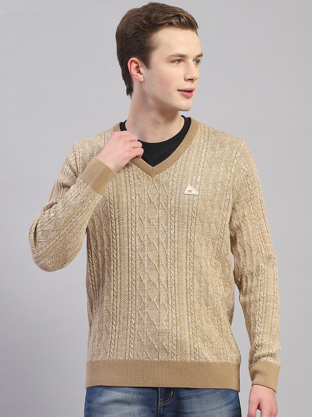 

Monte Carlo Cable Knit Self Design V-Neck Woollen Pullover, Camel brown