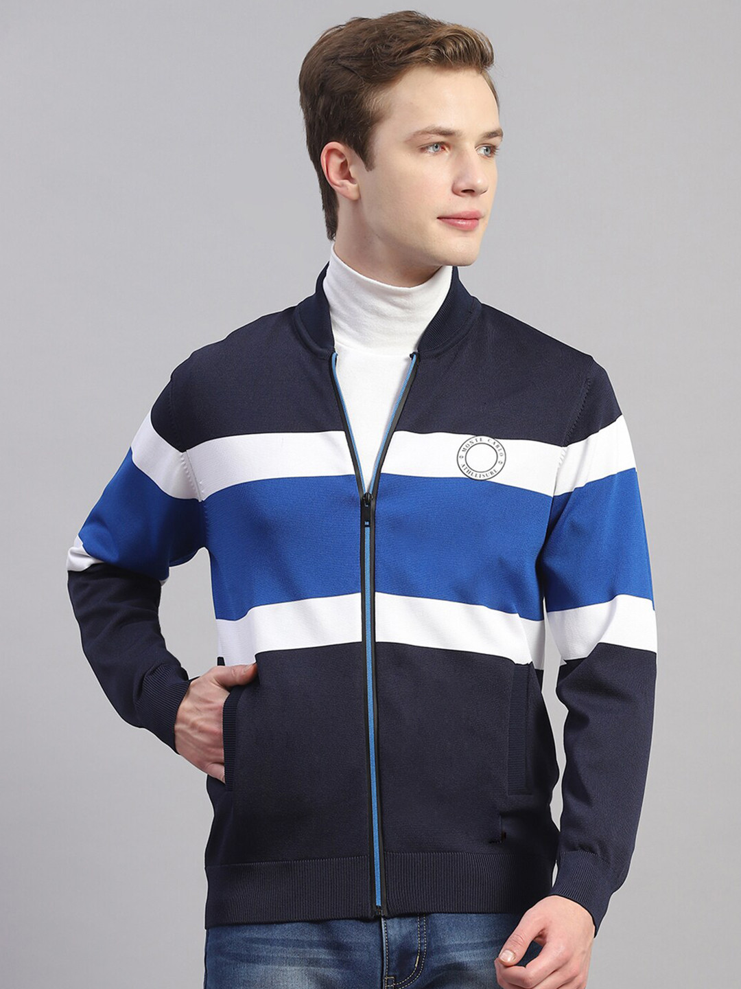 

Monte Carlo Striped Mock Collar Pullover, Navy blue