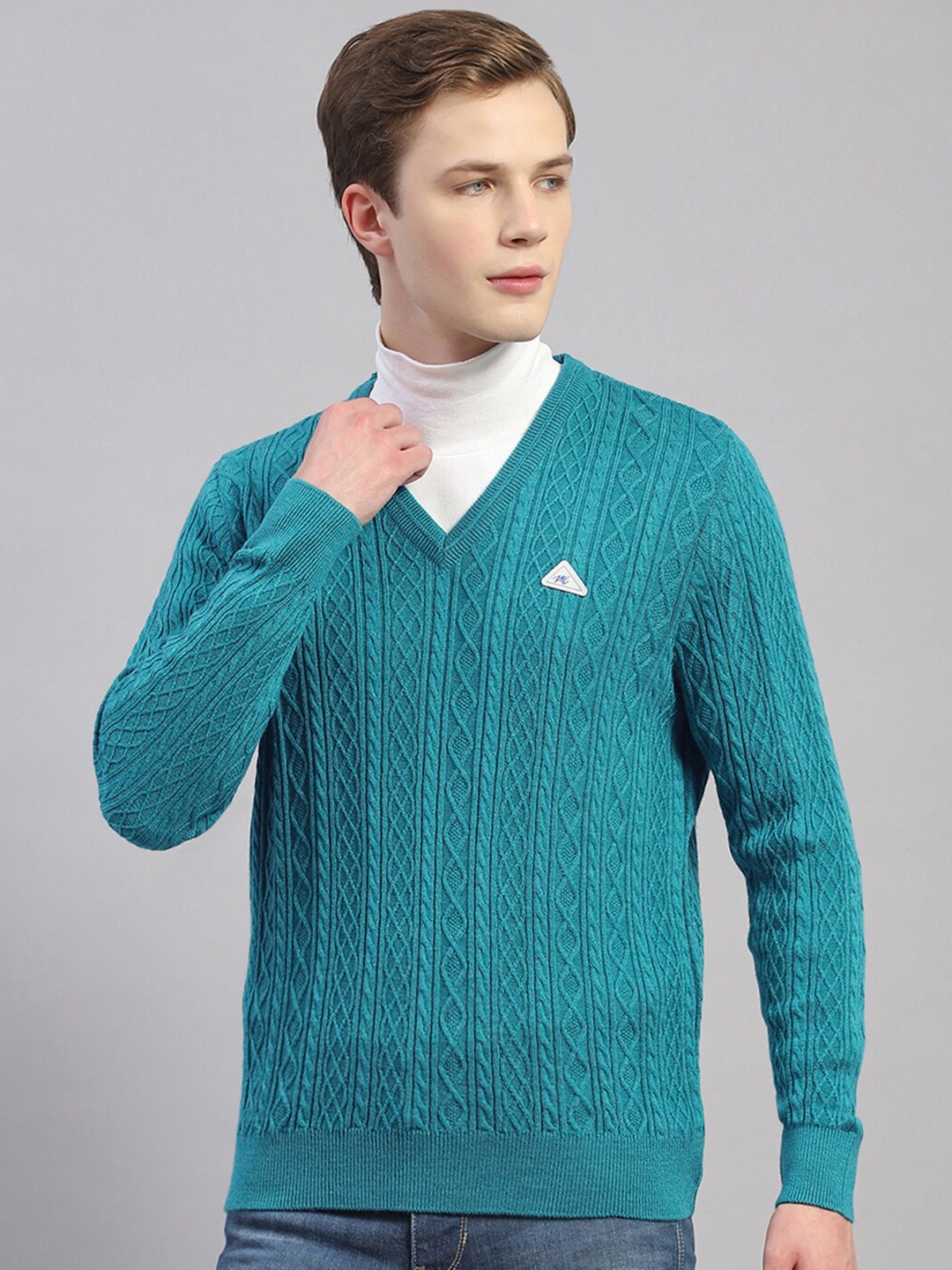 

Monte Carlo Cable Knit Self Design Woollen Pullover Sweater, Sea green