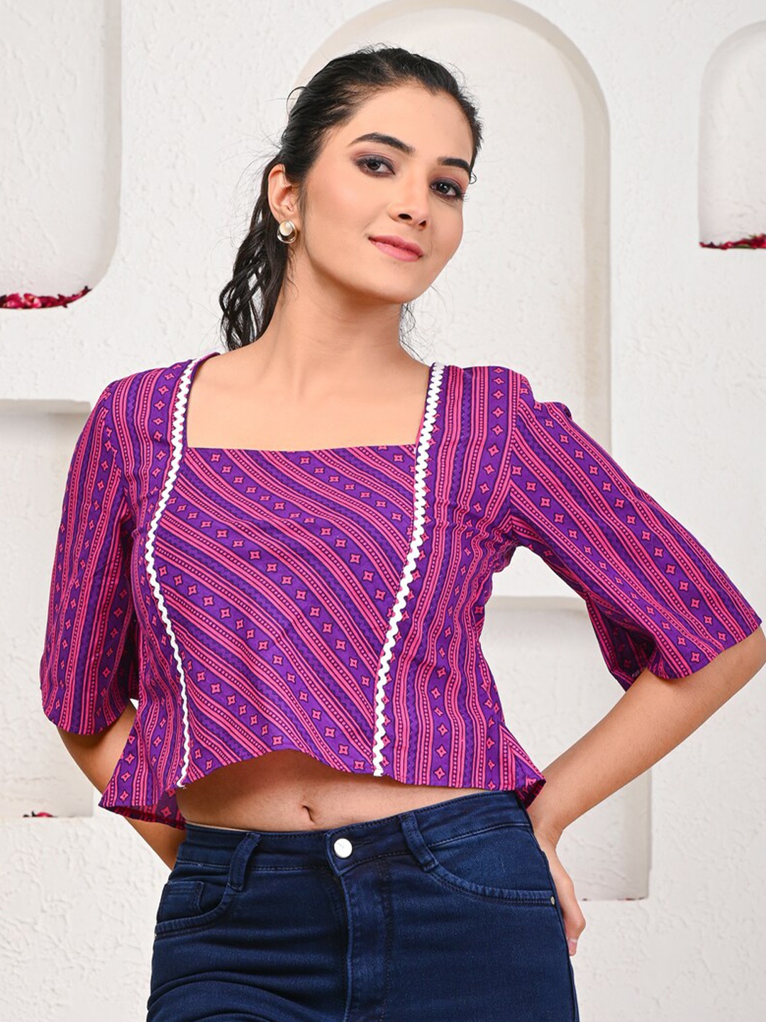 

Indi INSIDE Geometric Printed Embroidered Cotton Crop Top, Purple