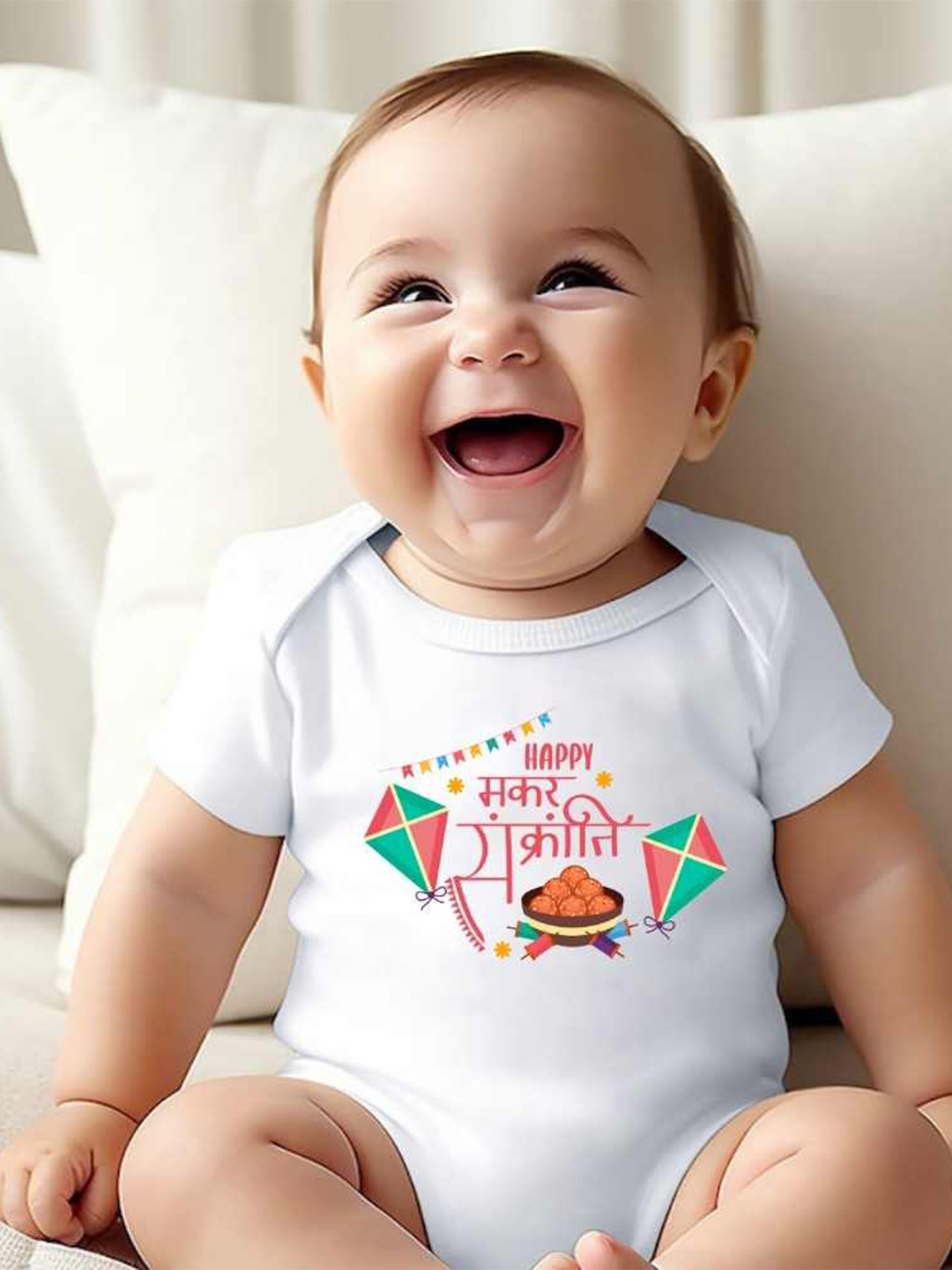 

KNITROOT Infants Makar Sankranti Printed Bodysuit, White