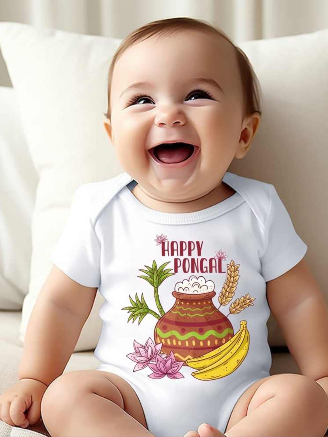 

KNITROOT Infants Pongal Printed Bodysuit, White