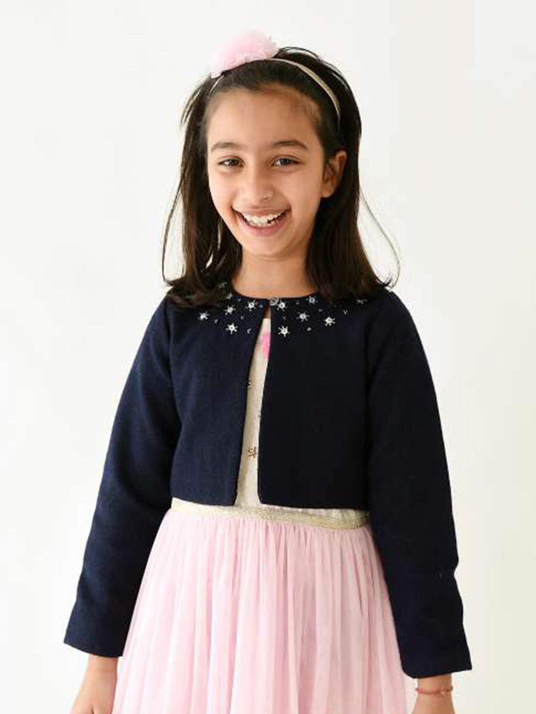 

A Little Fable Girls Embellished Crop Open Front Shrug, Navy blue