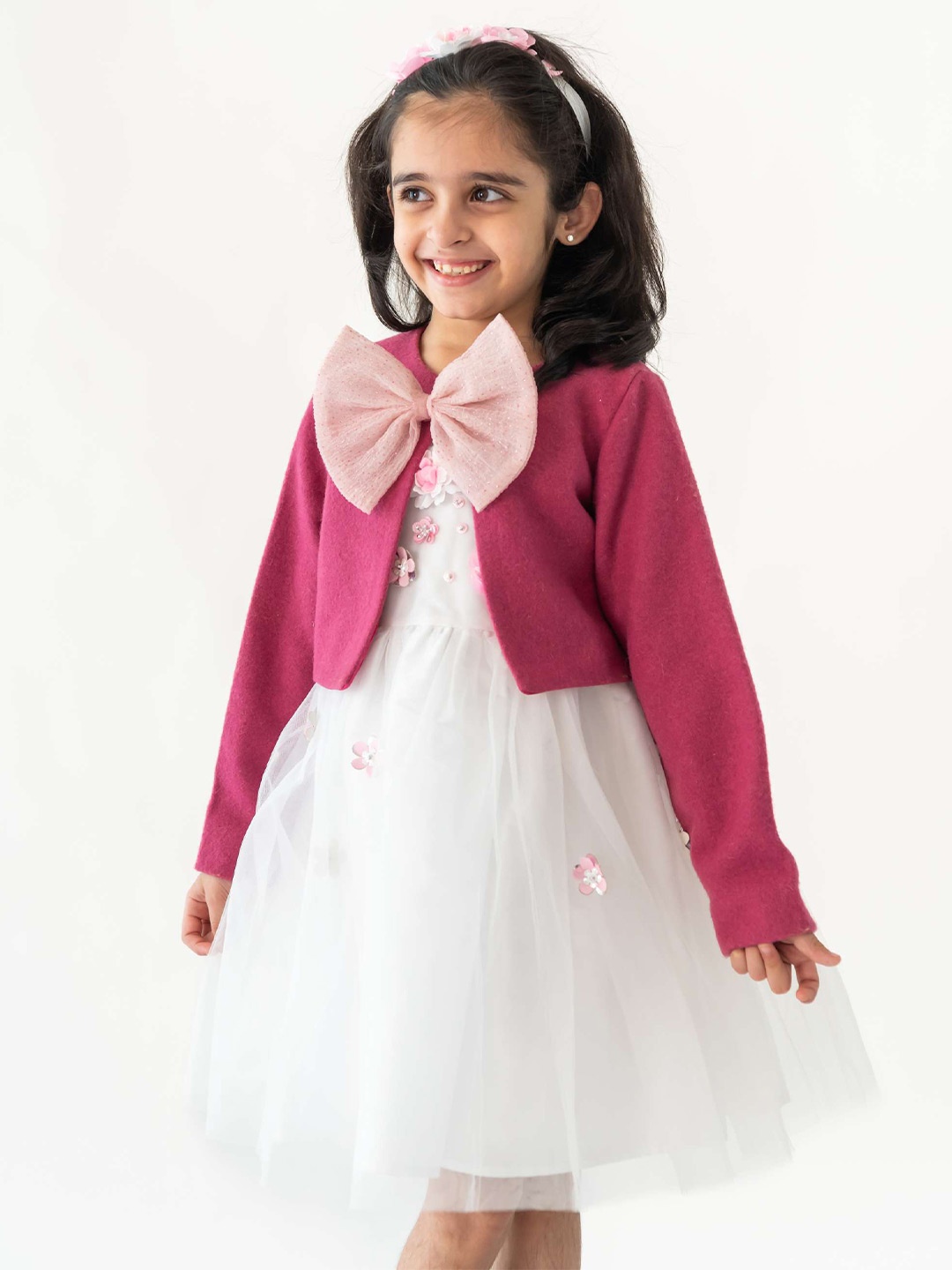 

A Little Fable Girls Bow Detailed Crop Open Front Shrug, Pink