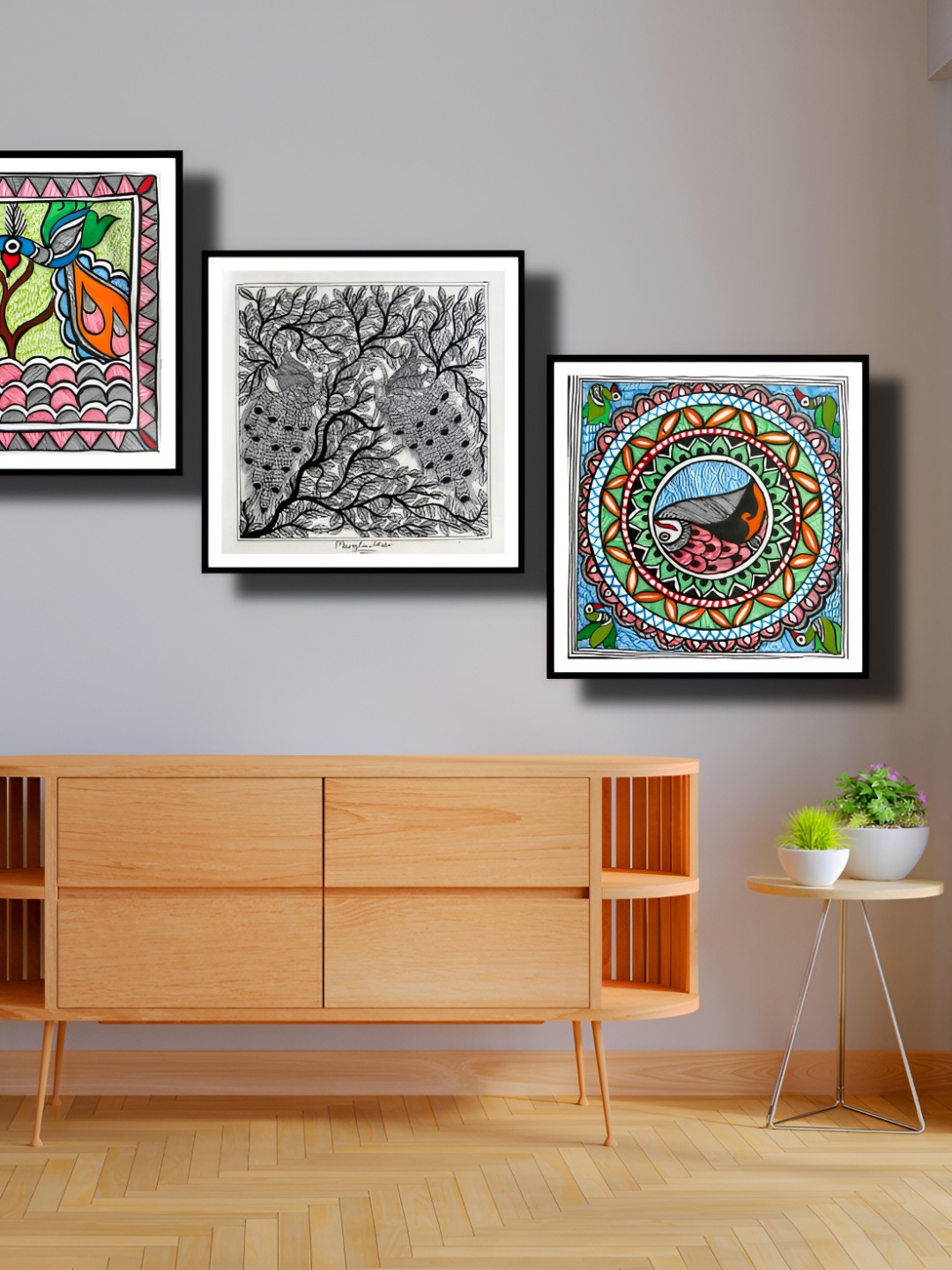 

ARTDARSHAN Black & White 3 Pieces Birds and Animals Square Shaped Paintings Wall Art