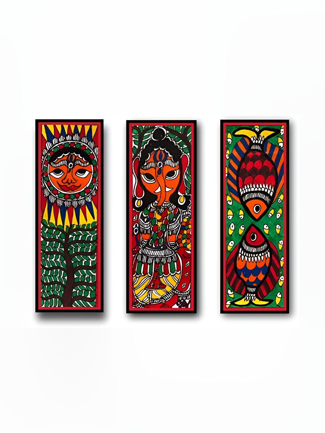 

ARTDARSHAN Green & Orange 3 Pieces Rectangular Paintings Wall Art